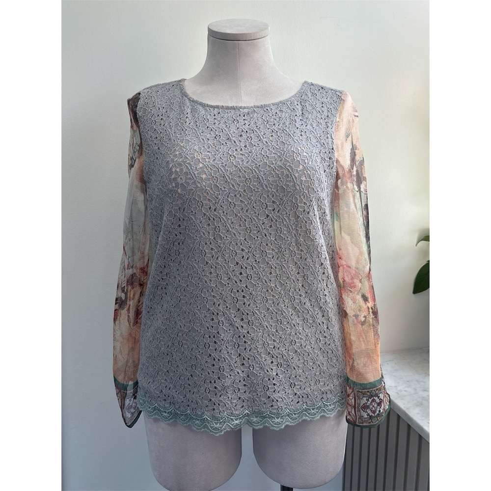 Sundance Catalog Lace Mix Media Silk Sleeve Blouse SZ M Crochet Romantic Top